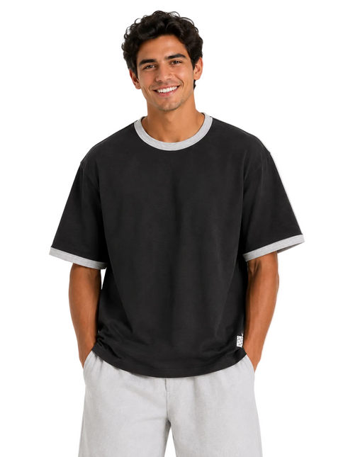 Contrast Edge Box Fit T-Shirt – Black & Sand