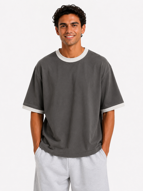 Contrast Edge Box Fit T-Shirt – Black & Sand