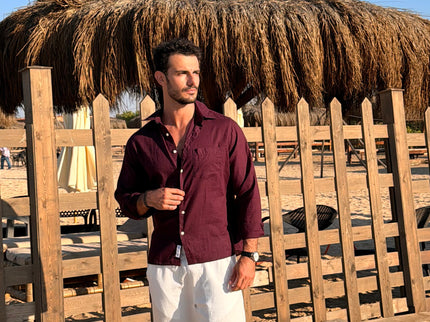 Premium Linen Long Sleeve Shirt - Burgundy