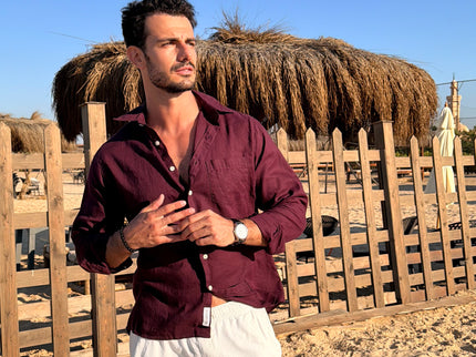 Premium Linen Long Sleeve Shirt - Burgundy