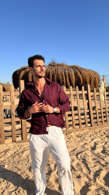 Premium Linen Long Sleeve Shirt - Burgundy