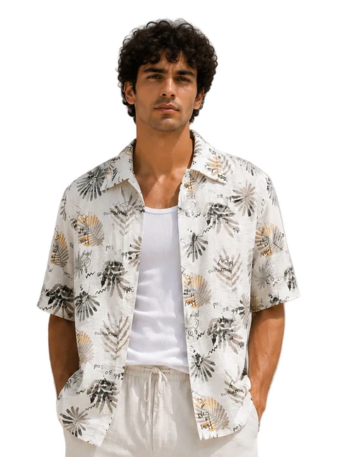 Tropical Sketch Print Relaxed Resort Shirt