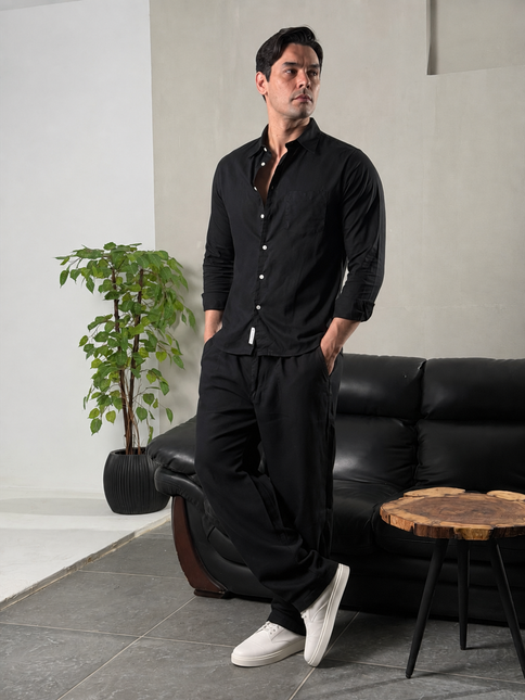 Premium Linen Long Sleeve Shirt - Black