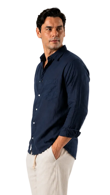 Premium Linen Long Sleeve Shirt - Navy