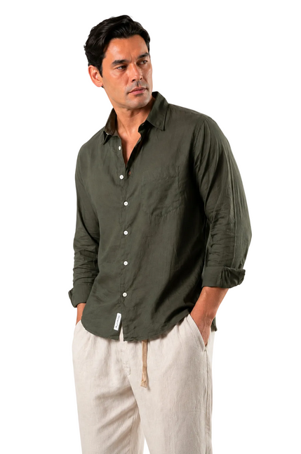 Premium Linen Long Sleeve Shirt - Dark Olive