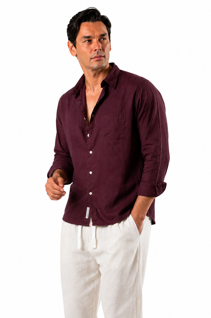 Premium Linen Long Sleeve Shirt - Burgundy