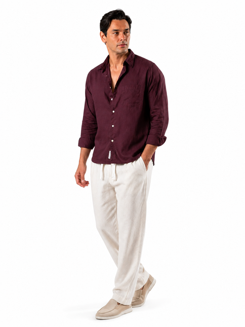 Premium Linen Long Sleeve Shirt - Burgundy