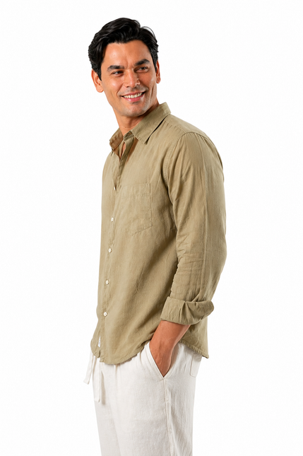 Premium Linen Long Sleeve Shirt - Olive