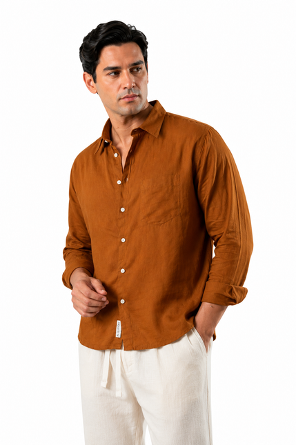 Premium Linen Long Sleeve Shirt - Brown