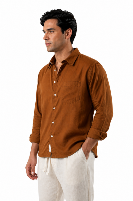 Premium Linen Long Sleeve Shirt - Brown
