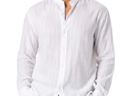 Striped Mandarin Collar Linen Blend Shirt - White