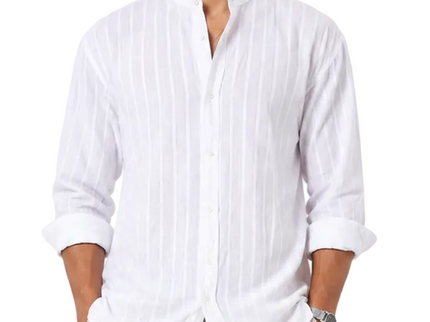 Striped Mandarin Collar Linen Blend Shirt - White