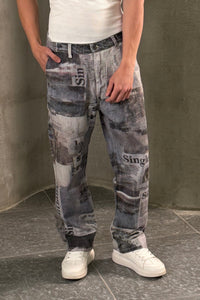 Vintage Newspaper Print Wide Leg Jeans