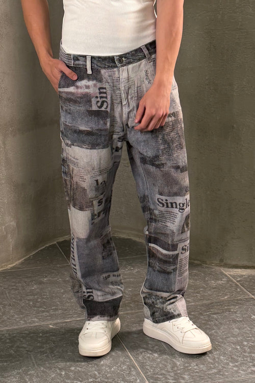Vintage Newspaper Print Wide Leg Jeans