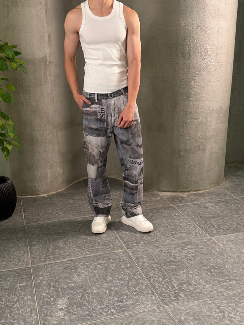 Vintage Newspaper Print Wide Leg Jeans