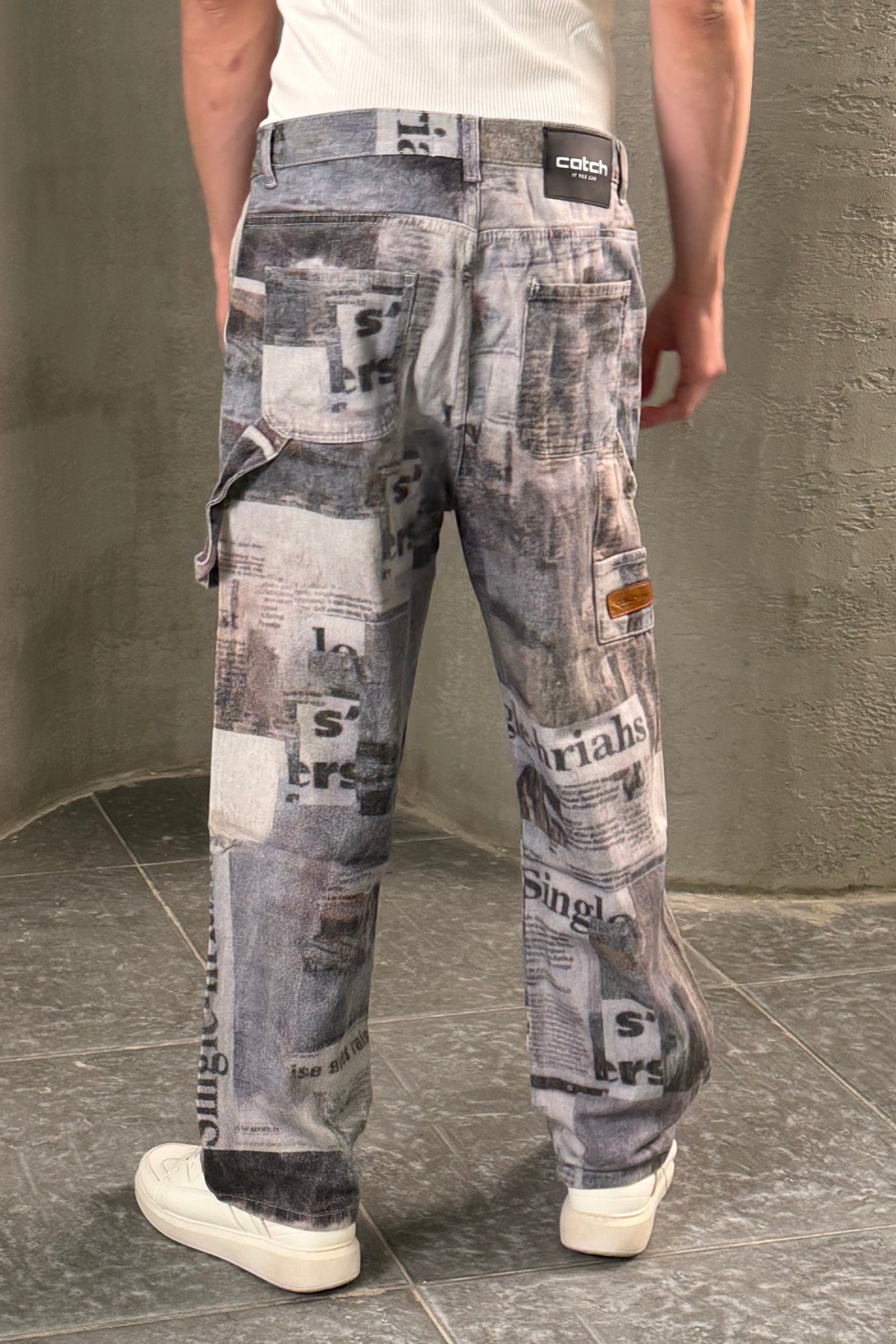 Vintage Newspaper Print Wide Leg Jeans