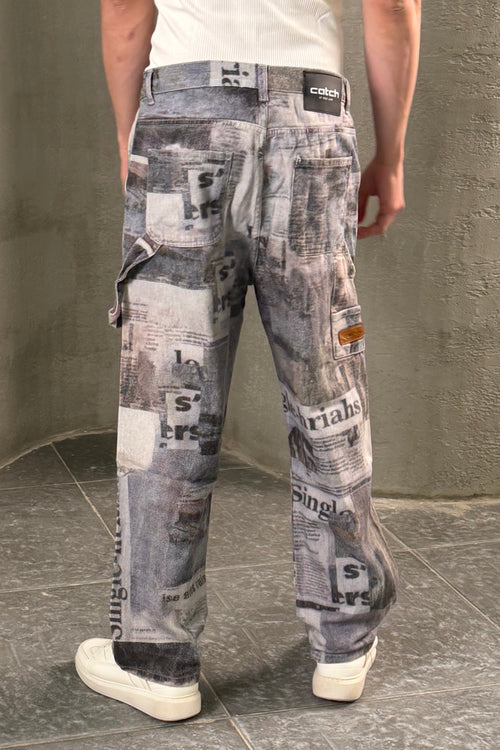 Vintage Newspaper Print Wide Leg Jeans