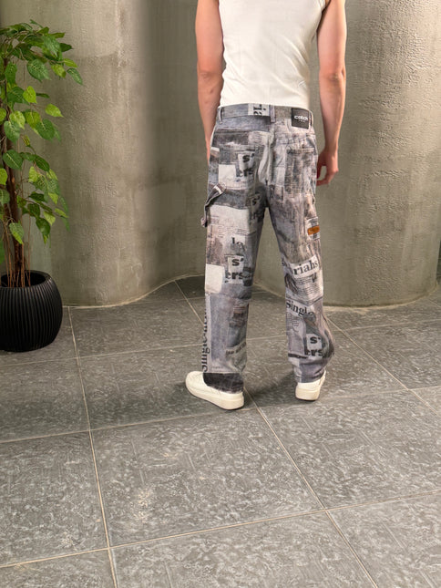 Vintage Newspaper Print Wide Leg Jeans