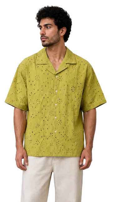 Eyelet Embroidery Camp Collar Shirt