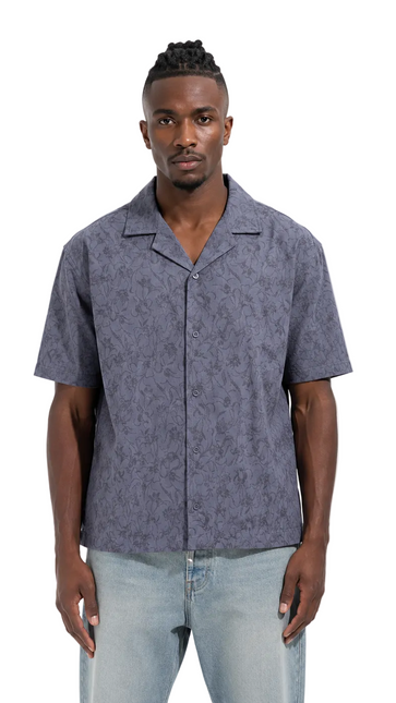 Vintage Floral Jacquard Camp Collar Shirt – Charcoal Grey