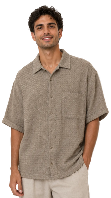 Textured Waffle Weave Camp Collar Shirt