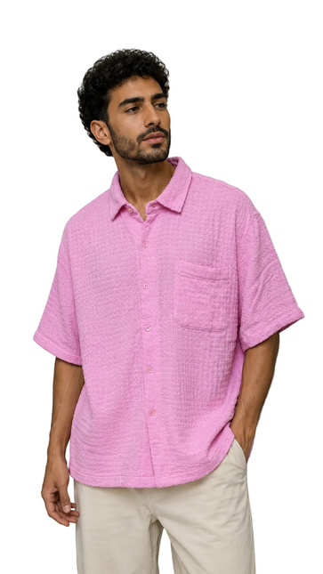 Textured Waffle Weave Camp Collar Shirt