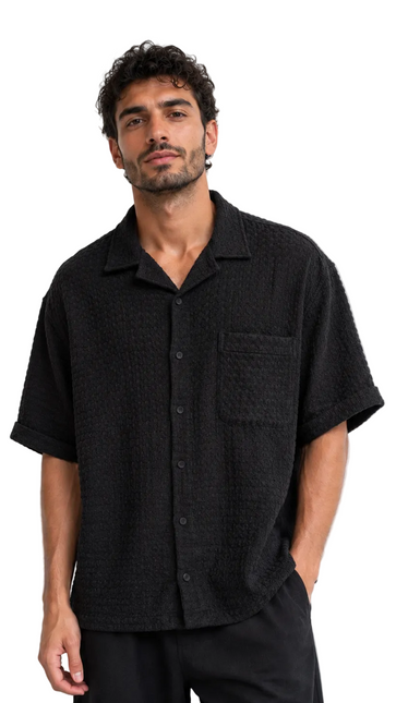 Textured Waffle Weave Camp Collar Shirt