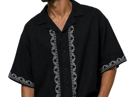 Black Contrast Embroidery Camp Collar Shirt