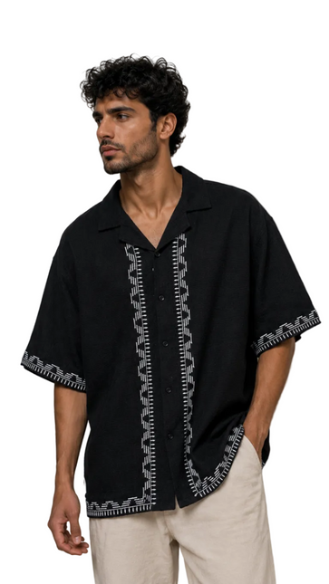 Black Contrast Embroidery Camp Collar Shirt