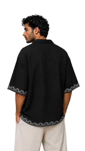 Black Contrast Embroidery Camp Collar Shirt