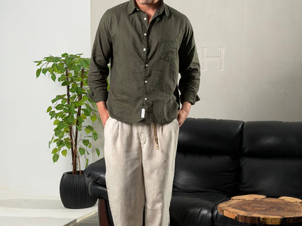 Premium Linen Long Sleeve Shirt - Dark Olive