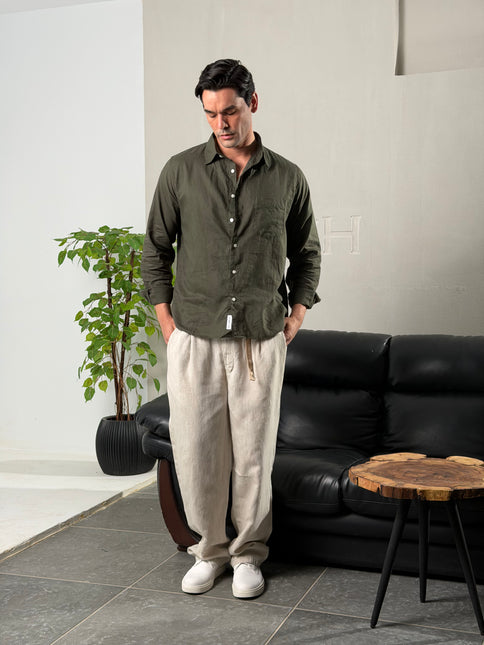 Premium Linen Long Sleeve Shirt - Dark Olive