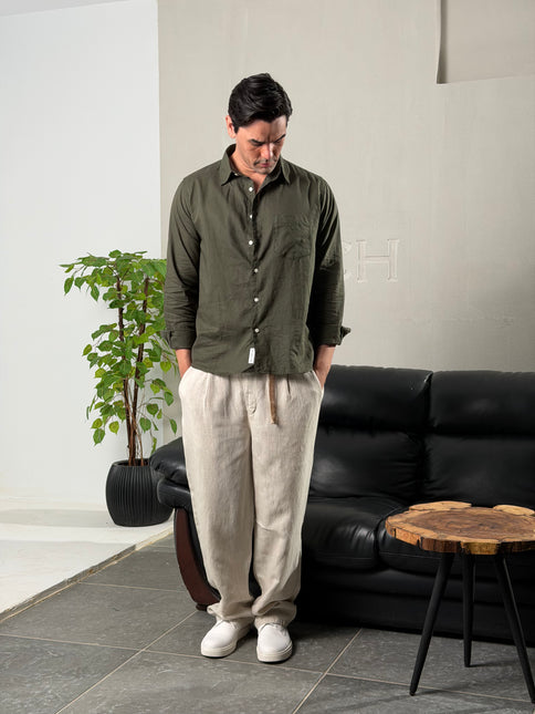 Premium Linen Long Sleeve Shirt - Dark Olive