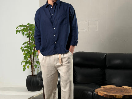 Linen Regular Fit Long Sleeve Shirt - Navy