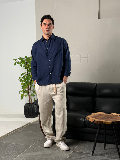Linen Regular Fit Long Sleeve Shirt - Navy