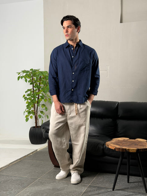 Premium Linen Long Sleeve Shirt - Navy