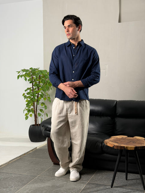 Linen Regular Fit Long Sleeve Shirt - Navy