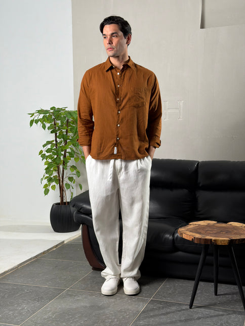 Premium Linen Long Sleeve Shirt - Brown