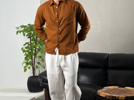 Premium Linen Long Sleeve Shirt - Brown