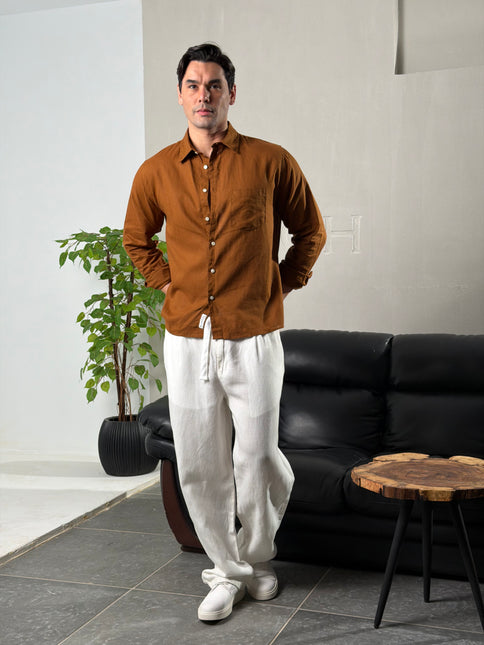 Premium Linen Long Sleeve Shirt - Brown