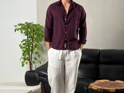 Premium Linen Long Sleeve Shirt - Burgundy