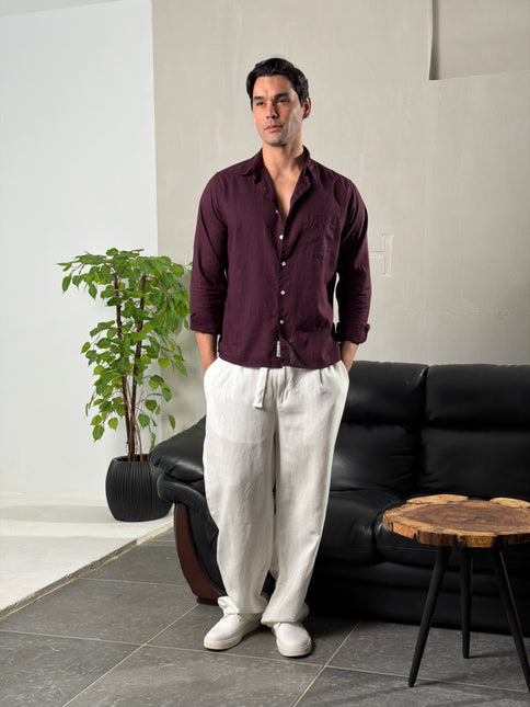 Premium Linen Long Sleeve Shirt - Burgundy
