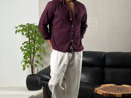 Premium Linen Long Sleeve Shirt - Burgundy
