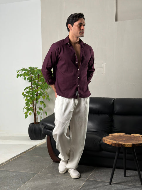 Premium Linen Long Sleeve Shirt - Burgundy