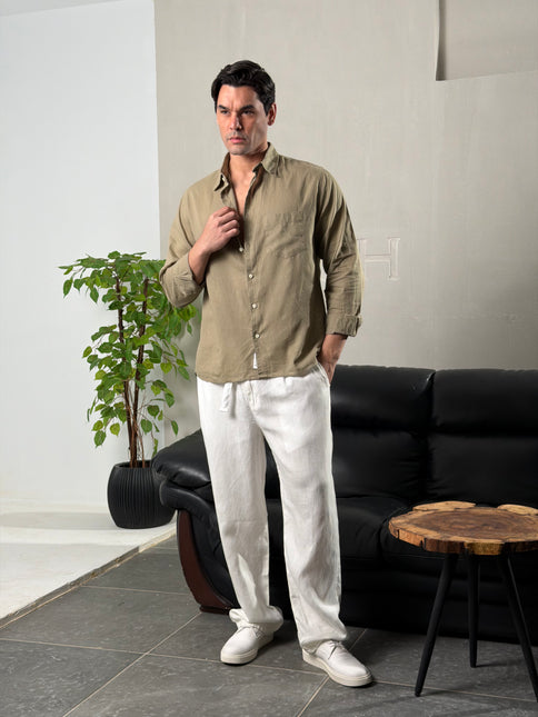 Premium Linen Long Sleeve Shirt - Olive