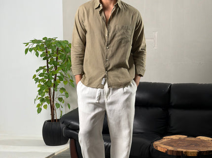 Premium Linen Long Sleeve Shirt - Olive