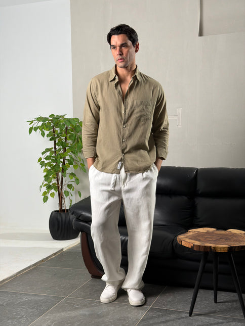 Premium Linen Long Sleeve Shirt - Olive
