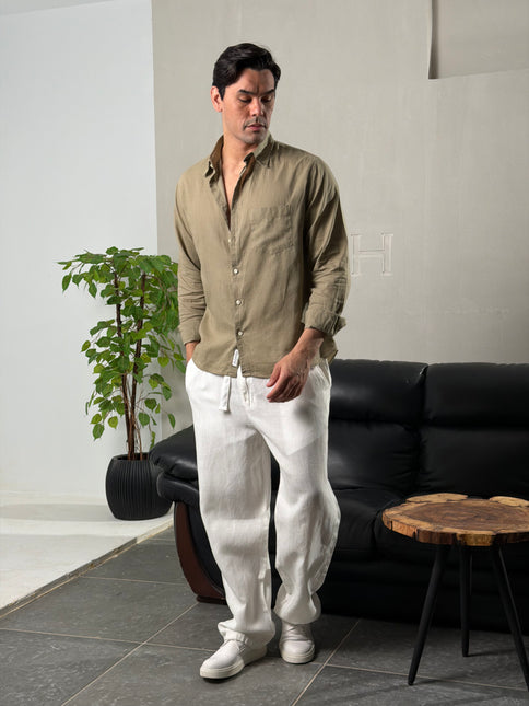 Premium Linen Long Sleeve Shirt - Olive