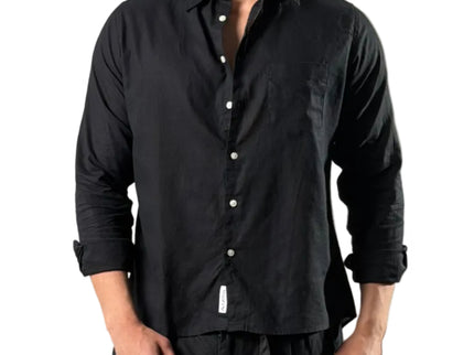 Textured Mandarin Collar Linen Blend Shirt - Black