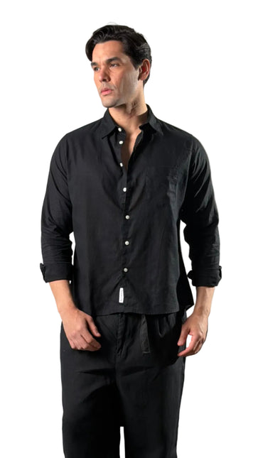 Textured Mandarin Collar Linen Blend Shirt - Black